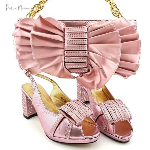 Lastest African Italian Design Nigerian Style High Quality Wedding Women Shoes and Bag Set in Pink Color for Party