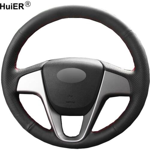 HuiER Hand Sewing Car Steering Wheel Cover Black Leather For Hyundai Solaris 2010-2016 Verna 2010-2016 i20 2009-2015 Accent