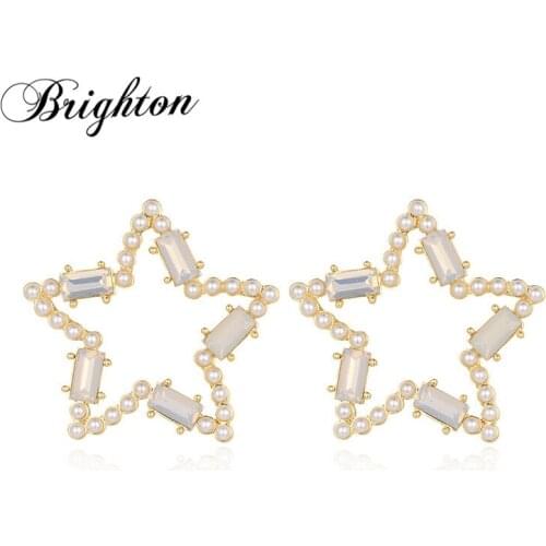 Brighton Unique Simulated Pearl Big Zircon Stud Earrings For Women Five-pointed Star Hollow Metal Brincos Fashion Jewelry Gift
