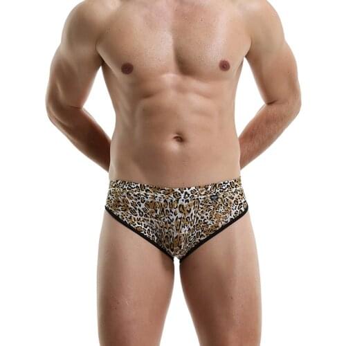 Sexy Men Underwear Briefs Shorts Thin Ice Silk Panties Leopard Breathable Low Waist U Convex Pouch Underpants Plus Size M-3XL