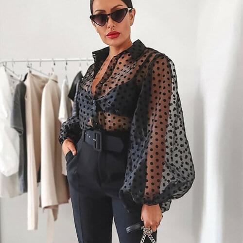 Women Lady Polka Dot Retro Blouse Spring Autumn Modern Mesh Shirt Vogue See-through Loose Button Puff Sleeve High Street Blouse