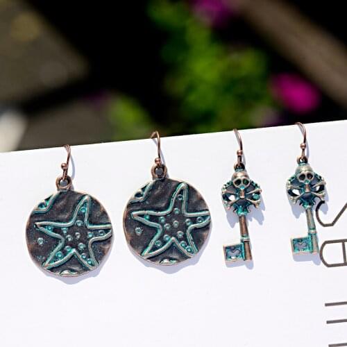 Round Earring The Key Starfish Style Retro Boho Style Pendant Beach Dangle Drop Women Earrings
