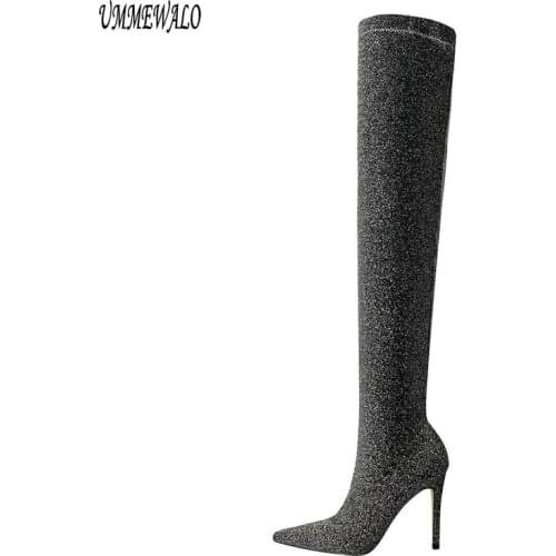 UMMEWALO Pointed Toe Slim Sexy Thigh High Boots Women Sequined Design Fashion High Heel Elastic Winter Boots Ladies Shoes