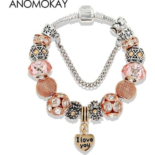 Anomokay Gold Tone Heart Bead Bracelets & Bangles Fashion Crystal Charm Bracelets Diy Jewelry Bracelet for Women Gift