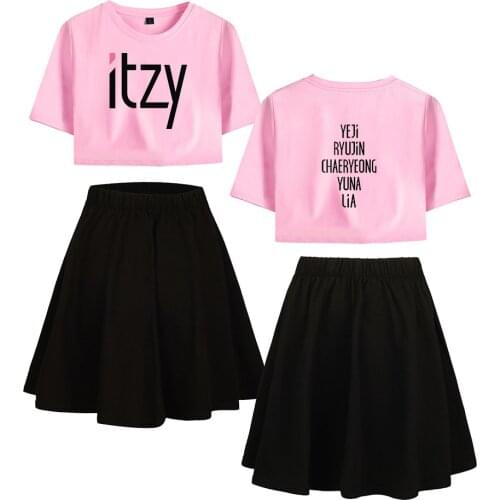 Trendy ITZY Womens Two Pieces Sets fashion Summer Pink black Exposed Navel T shirts +black Short Skirt womens two piece sets