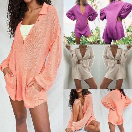 Womens V Neck Casual Loose Knitted Jumpsuit Long Sleeve Romper Pockets Shorts Baggy Playsuit Overall