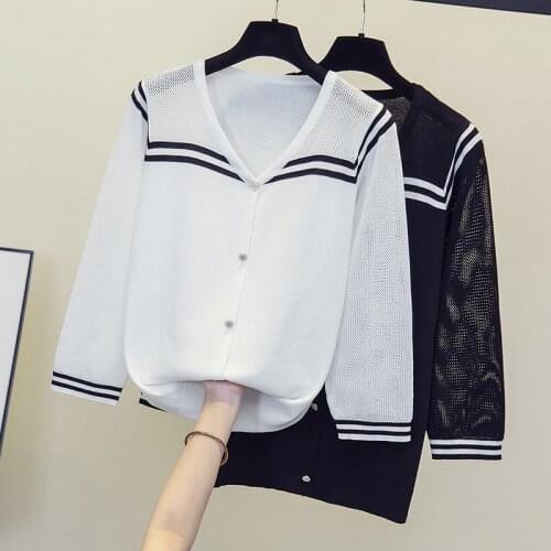 M-4XL plus size women sexy hollow out autumn sweaters 2021 3/4 Sleeve v neck Stripe button Oversized basic sweater pullover