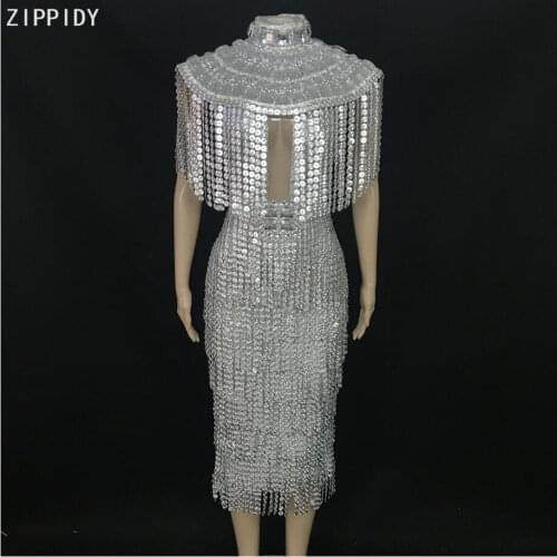 New Silver Sequins Stones Dress Costume Female Singer Show Shawl Outfit Evening Birthday Wear Prom Party Sexy Fringes Dress