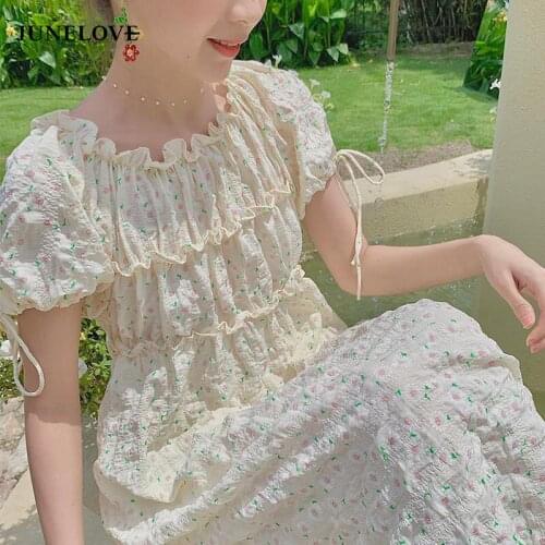 JuneLove 2021 Summer Kawaii Floral Dress Women Elegant Wrinkle Boho Daisy Midi Dress High-waisted Short Sleeve Sweet Cute Dress