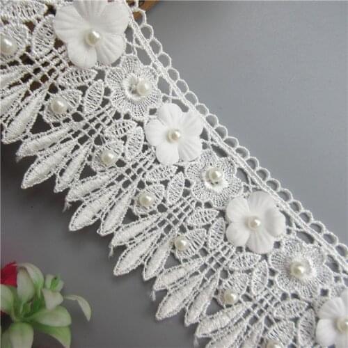 1 Meter 7.2cm White Polyester Pearl Flower Lace Edge Trim Ribbon Fabric Embroidered Applique Sewing Craft Wedding Dress Clothes