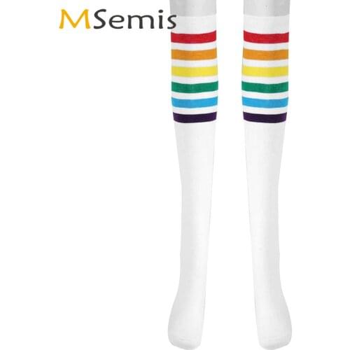 1 Pair Schoolgirl Stockings Women Cosplay Naughty High School Student Long Socks Rainbow Stripes Thigh High Stocking Streetwear
