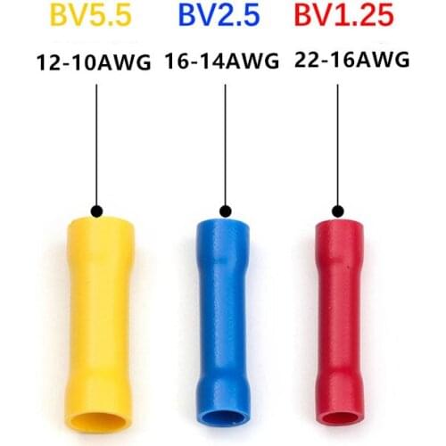 100 pcs/box5pcs BV1.25 BV2 BV5.5 Straight Butt Wire Terminal Splice Full Insulated Copper Tube Cold Press Cable Connect