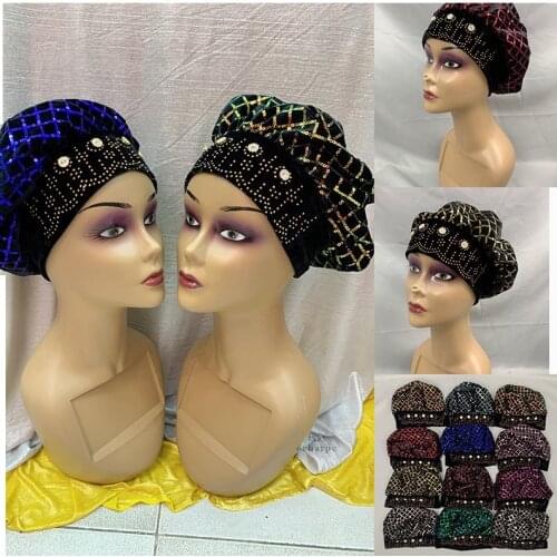 2021 Fashion Unique Sequins Turban Hat with Stones Embroider Women Ready Cap Headwear Casual India Bonnet Hat 1 Dozen