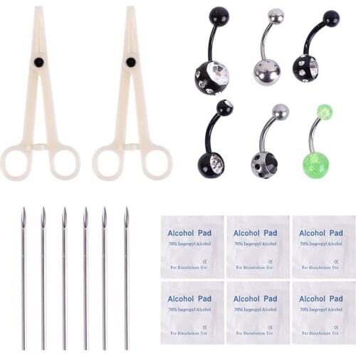 Disposable Body Piercing Kit Tools Pliers Forceps Needles Accessories Set with Eyebrow Labret Lip Nipple Nose Studs