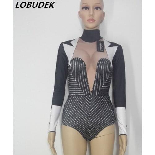 Black Bright Crystals Bodysuit Leotard Jumpsuit Nightclub Novelty Female Singer Modern Jazz DJ DS Sexy Costumes Bar performance