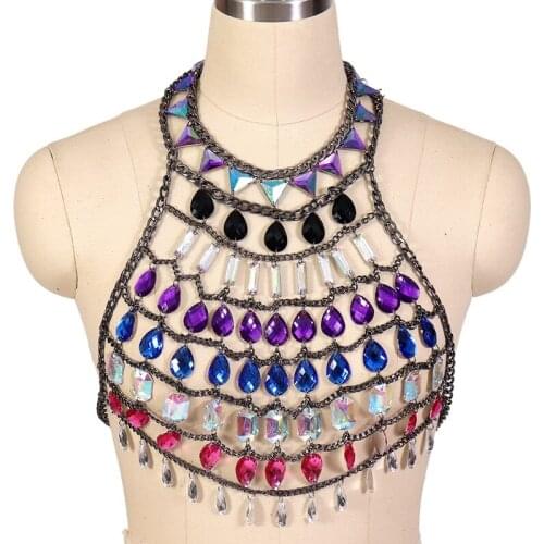 Boho Colorful Rhinestone Body Harness Chain Skrit Elegant Luxurious Festival Rave Club Stage Costumes Women Goth Sexy Lingerie