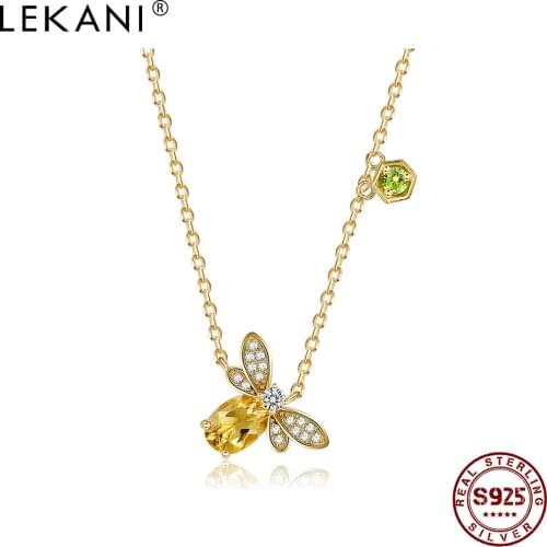 LEKANI Shining CZ Necklaces For Women 925 Sterling Silver Bee Pendant Necklace Golden Chain Fine Jewelry Wedding Romantic Gift
