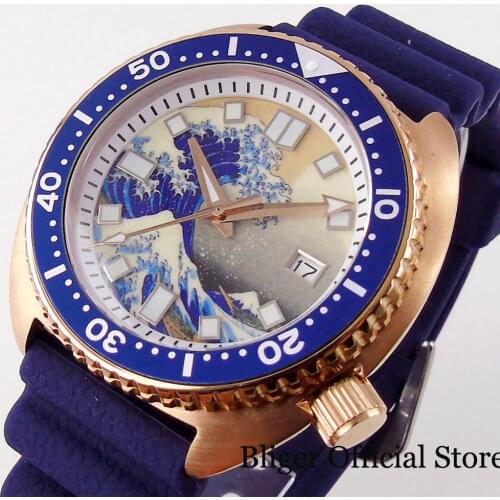 BLIGER Nologo Green Luminous NH35 Automatic Mechanical Men Watch 5ATM waterproof Rose Gold Coated Case Date Display Chapter Ring