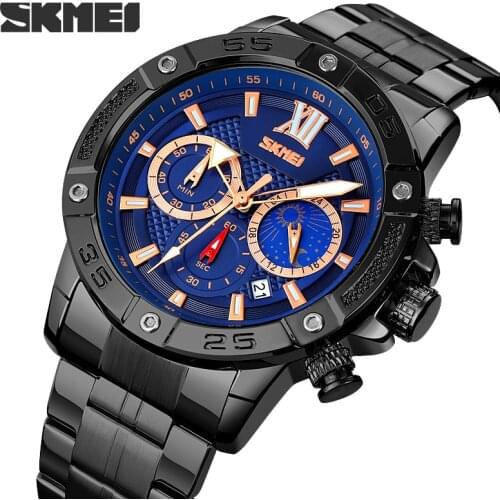 SKMEI Casual Sport Watches Men Stopwatch Date Moonphase Top Brand Luxury Military Stainless Steel Quartz Wristwatches Man Clock