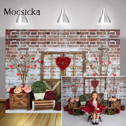 Photography Valentines Day Portrait Backdrop Brick Wall Red Flowers Love Background Retro Door Kids Birthday Art Backdrops