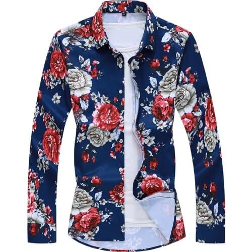 Hawaiian Men Buttons Shirt Male Brand Clothing Casual Holiday Floral Rose Printing Turn-Down Collar Long Sleeve Shirts