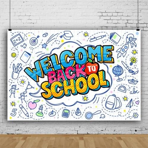 Cartoon Backdrop Welcome Back to School Blue Photography Background Baby Shower Celebration Photo Booth Studio Decor