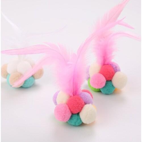 1Pcs Pet Cat Toy Colorful Handmade Bells Feather Bouncy Ball Interactive Toy Cat Plush Toys For Fun Scratching katten speelgoed