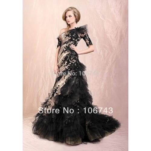 Hot lace NEW design hot custom Short Sleeve One Shoulder Mermaid Quinceanera black Prom Formal Gown mother of the bride dresses