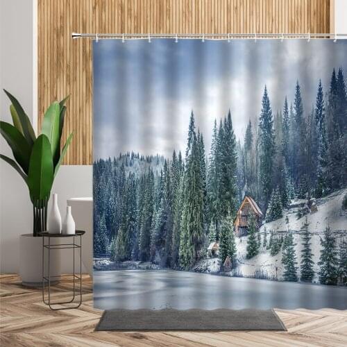 Ice Lake Forest Wooden House Snow Scene Shower Curtains Winter Scenery Bathroom Decoration Accessories Bath Curtain With Hooks