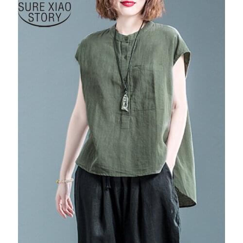 Cotton Linen Summer Blouse 2021 New Fashion Loose Short Sleeve Shirt Women Blusas Casual Tops Camisas Mujer Plus Size 12937