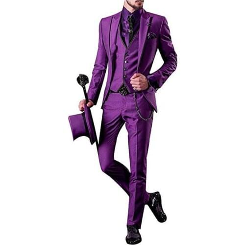 Fashionable Purple Wedding Tuxedos 3 Pieces Business Mens Suits (Jacket+Pants+vest) Groomsmen Best Man Formal Suit for Men