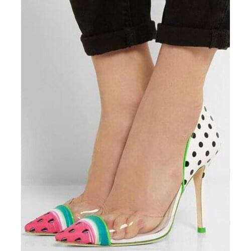 Fashion Watermelon Pointed Toe Evening Dress Shoes Pumps PVC Cut out Polka Dot High-Heeled Prom Shoes High Heels for Women