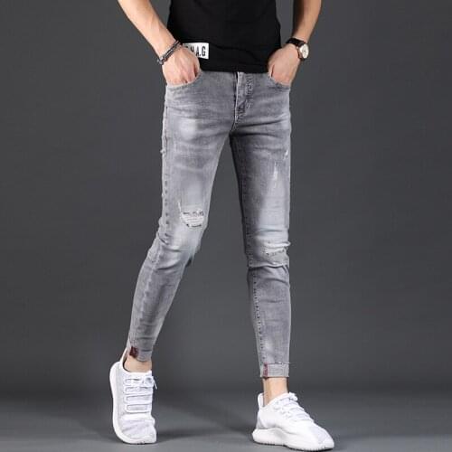 Men Ripped Skinny Jeans Summer Gray Cotton Stretch Ankle-Length Pants Fashion Korean Style Slim Fit Denim Trousers