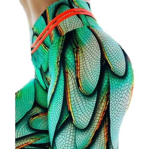 Slim fit 3D green dragonfly leggings for fitness womens legins push up leggings high waist legging motion sports jogging pants