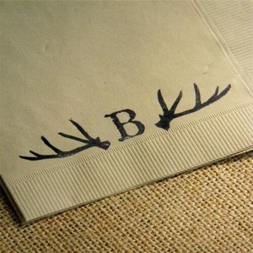 Personalized Deer Antler Light Burlap Rustic Woodsy Fall Wedding 3 Ply Paper Custom Cocktail Napkins with Couples Last Initial