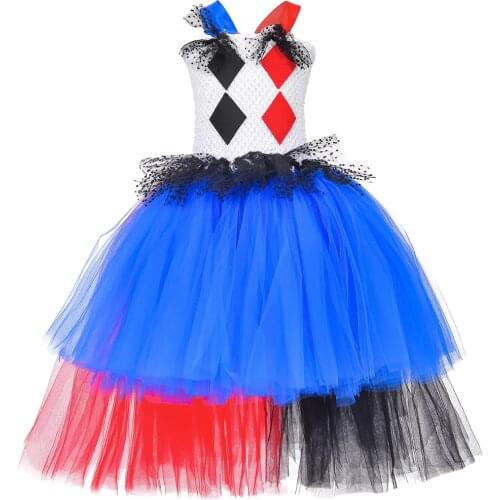 Joker Harleen Tutu Dress Girls Clothes Fancy Train Tulle Dress Children Carnival Halloween Monster Cosplay Costume for Kids 1-14