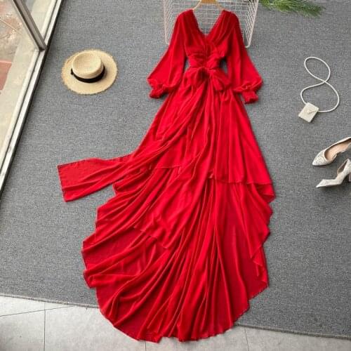 SINGREINY Women Design Irregular Dress Korean Puff Sleeve V Neck Elegant Evening Dress Spring Casual A-line Vacation Maxi Dress
