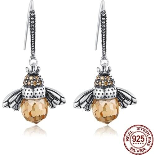 Genuine hot Sale 925 sterling silver dazzling crystal bee drop earrings for women fine jewelry wedding gift