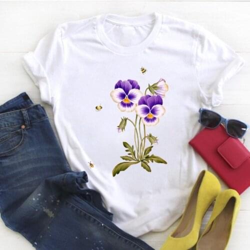 Cartoon flower T-shirt female wild plant clothes ladies short sleeve Harajuku Tee tops printed graphics T-shirt female