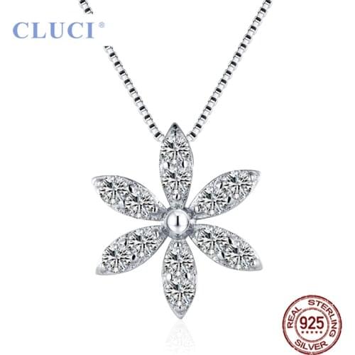 CLUCI 925 Silver Flower Pendant Full with White Zircons Jewelry for Women Sterling Silver Wedding Charm Pendant DP029SB