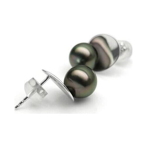 Free Shipping Luminous 8-8.5mm Black Green Genuine Tahitian Pearl Stud Earrings 18k White Gold