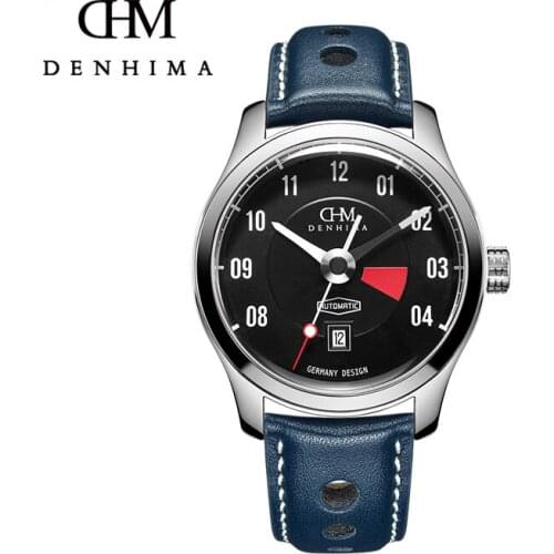 DENHIMA Blue Genuine Leather Belt Steampunk Men Automatic Mechanical Wristwatch Locomotive Series Mens Motorcycle Sports Watch