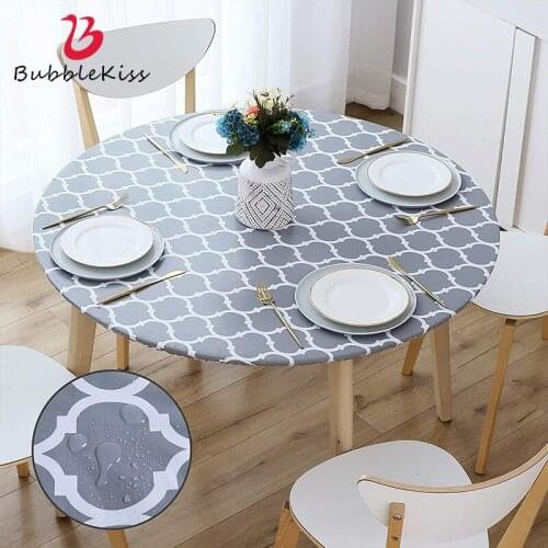 Bubble Kiss Simple Lattice Round Tablecloth Elastic Band Waterproof Oil Proof PVC Easy To Clean Coffee Table Dining Table Cover