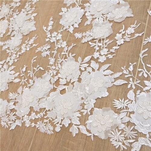 Sposa 3D appliqued flowers lace fabric ivory, embroideries wedding lace fabric, bridal gowns lace material Sell By 1 Yard