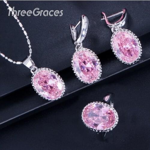 ThreeGraces Sparkling Pink Oval Cubic Zirconia Trendy Dangle Earrings Ring Pendant Necklace Set for Women Wedding Jewelry JS138