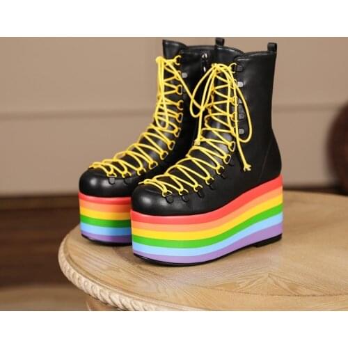 Womens Rainbow Colors Platform Ankle Boots Wedge Heel Real Leather Shoes Belt Buckle Rivet Punk Motorcycle Black New 2022