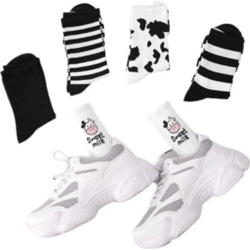 Wome Printed Sock Japanese Kawaii Lovely Harajuku Style Cows Cute Panther Cotton Long Socks Female And Ladies Milk White Sox D