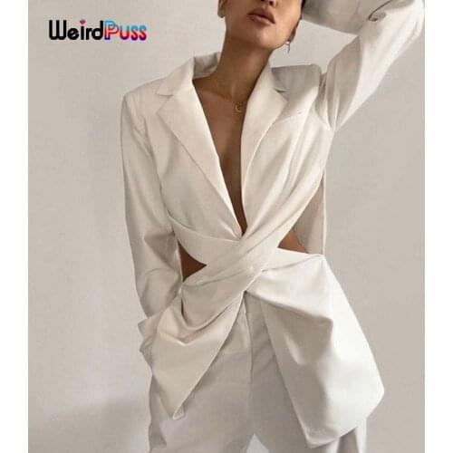 Weird Puss Hollow Out Cross Turn-Down Neck Blazer Women Solid Casual Long Sleeve Tops Elegant Office Outfit Autumn Streetwear