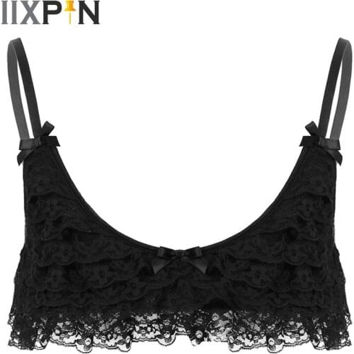 Sissy Lingerie For Men Erotic Underwear Sexy Lace Bras Men V Neck Super Frilly Ruffled Layered Lace Sissy Camisole Bra Top
