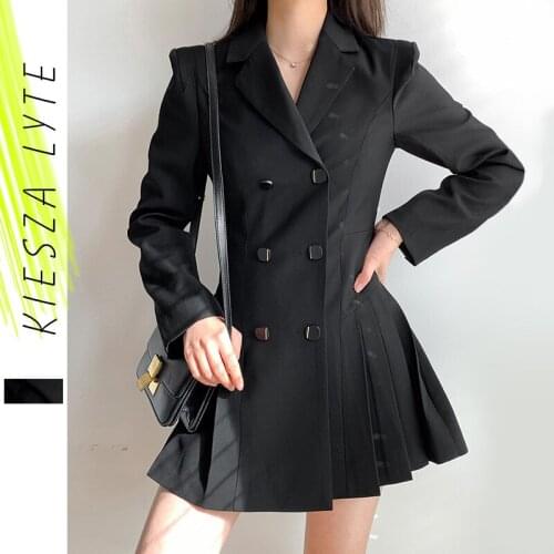 Woman Dress Spring 2021 French Style Elegant Double Breasted Slim Pleated Black Mini Suit Dresses Office Lady Vintage